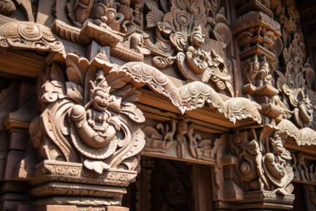 close-up of intricate design and craftsmanship on hindu temples entrance, created with generative aiの素材