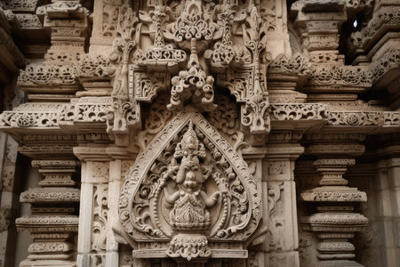 close-up of intricate design and craftsmanship on hindu temples entrance, created with generative aiの素材