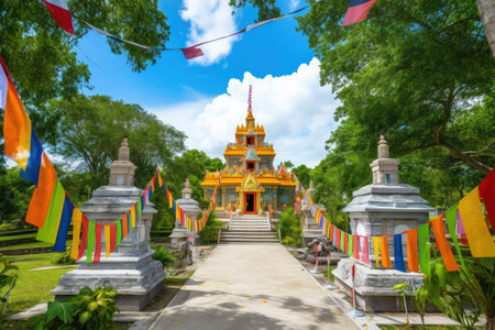 view of grand hindu temple, with colorful flags and lanterns, surrounded by lush greenery, created with generative aiの素材