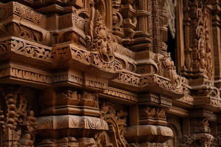 a close-up of the intricate carvings on a hindu temples entrance gate, created with generative aiの素材