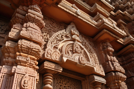 a close-up of the intricate carvings on a hindu temples entrance gate, created with generative aiの素材