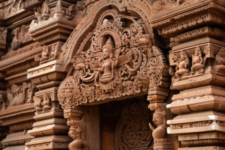 a close-up of the intricate carvings on a hindu temples entrance gate, created with generative aiの素材
