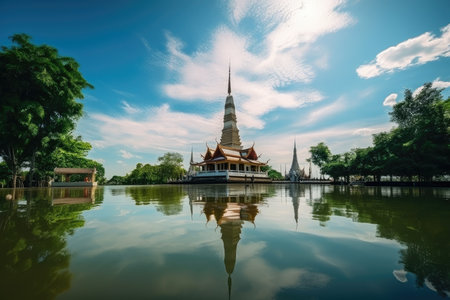 temple reflection, with the peaceful and tranquil water and serene sky of a summer day, created with generative aiの素材