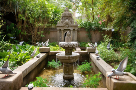 peaceful hindu temple garden, with birds and butterflies, and the sound of trickling water, created with generative aiの素材
