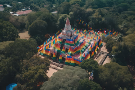 aerial shot of hindu temple, with rows of colorful flags fluttering in the breeze, created with generative aiの素材