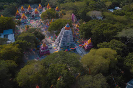 aerial shot of hindu temple, with rows of colorful flags fluttering in the breeze, created with generative aiの素材