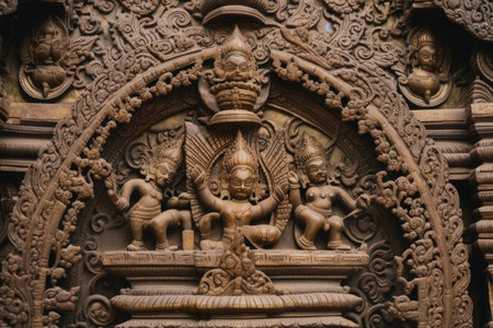 close-up of intricate carving on hindu temple door, created with generative aiの素材