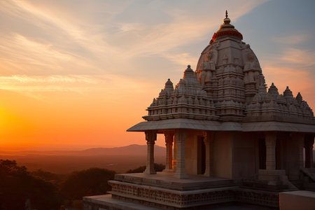 temple with view of sunset, casting a warm glow on the exterior, created with generative aiの素材