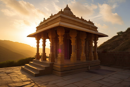 temple with view of sunset, casting a warm glow on the exterior, created with generative aiの素材