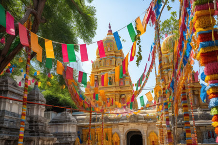 hindu temple in full celebration, with colorful banners and lanterns, created with generative aiの素材