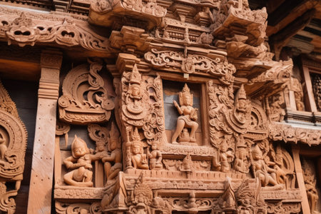close-up of intricate carvings on the entrance to the temple, created with generative aiの素材