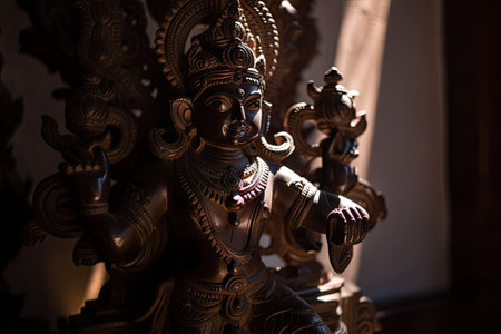 close-up of hindu temple idol, with light and shadow highlighting the intricate details, created with generative aiの素材