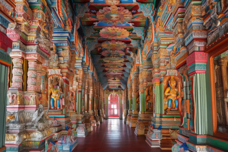 interior of hindu temple, with intricate carvings and colorful paintings, created with generative aiの素材
