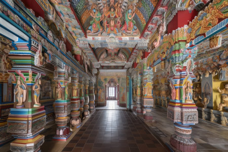 interior of hindu temple, with intricate carvings and colorful paintings, created with generative aiの素材