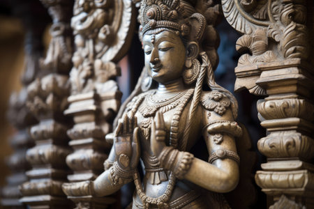close-up of statue in hindu temple, with intricate details visible, created with generative aiの素材