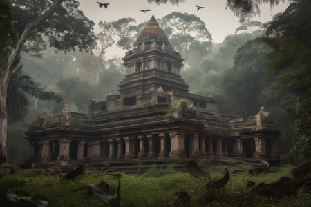 ancient hindu temple in the midst of lush jungle, with birds and monkeys flying overhead, created with generative aiの素材