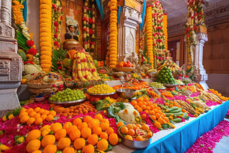 colorful and vibrant hindu temple, with offerings of flowers, fruit and sweets, created with generative aiの素材