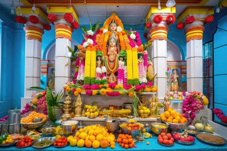 colorful and vibrant hindu temple, with offerings of flowers, fruit and sweets, created with generative aiの素材