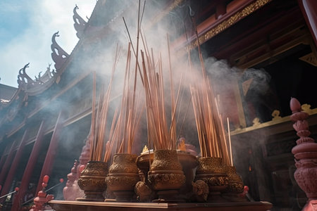 sacred smoke from the burning of incense fills the air in temple, created with generative aiの素材