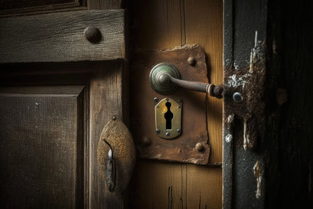 hinged door lock in an old wooden house, with keyhole and metal key, created with generative aiの素材