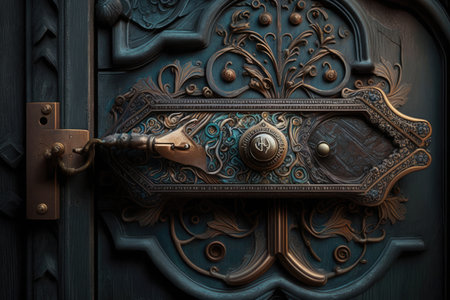 an intricate metal lock on a wooden door, created with generative aiの素材