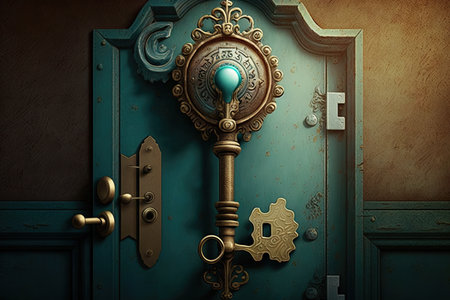 hinged door with lock and keyhole, against background of vintage key, created with generative aiの素材