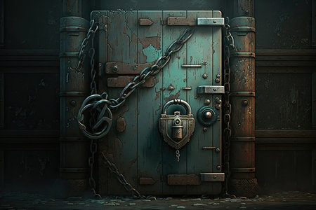 a secured and locked hinged door, with a chain and padlock for added security, created with generative aiの素材