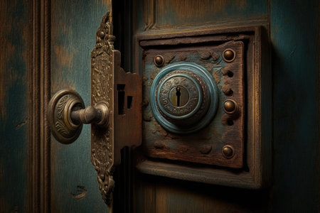 old-fashioned hinged door lock with decorative keyhole in rustic wooden door, created with generative aiの素材
