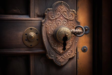 old-fashioned hinged door lock with decorative keyhole in rustic wooden door, created with generative aiの素材