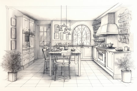 a pencil sketch of an intricate kitchen with a mix of warm and modern design elements, created with generative aiの素材