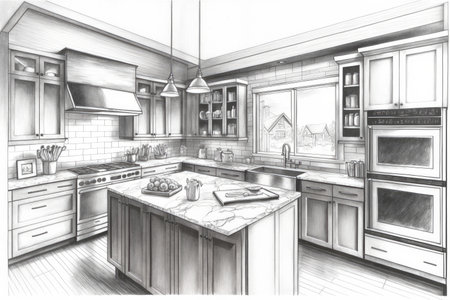 pencil drawing of modern and sleek kitchen with stainless steel appliances and marble countertops, created with generative aiの素材
