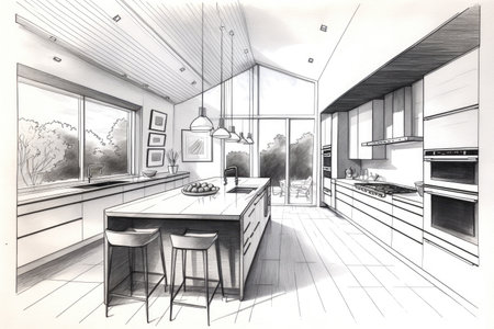 modern and sleek kitchen, with clean lines and minimalist design elements, perfectly captured in pencil sketch, created with generative aiの素材