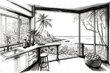 sketched kitchen with view of the beach, surrounded by tropical plants, created with generative aiの素材