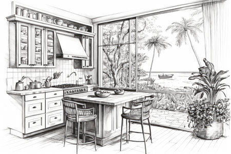 sketched kitchen with view of the beach, surrounded by tropical plants, created with generative aiの素材