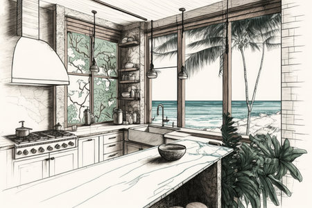 sketched kitchen with view of the beach, surrounded by tropical plants, created with generative aiの素材