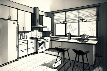quick sketch of a simple, modern kitchen with sleek design and clean lines, created with generative aiの素材