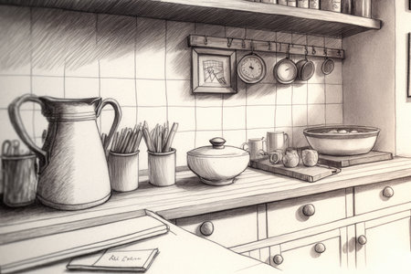 close-up of penciled sketch of kitchen, with details and textures visible, created with generative aiの素材