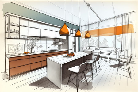 sleek and modern kitchen with bold lines and flat color schemes, shown in pencil sketch, created with generative aiの素材