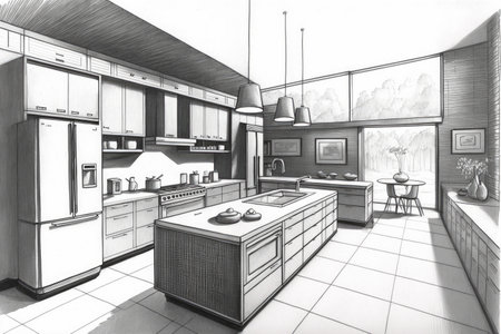pencil drawing of modern kitchen, with sleek appliances and clean lines, created with generative aiの素材