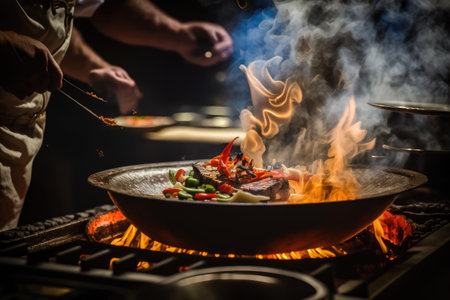 close-up of sizzling pan, with chefs preparing the most delicious meals, created with generative aiの素材