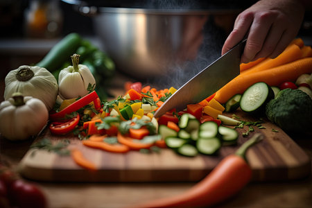 close-up of hand chopping vegetables for fresh and flavorful meal, created with generative aiの素材