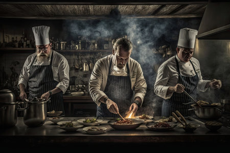 world-renowned chef and his team cooking up a storm in professionally equipped kitchen, created with generative aiの素材