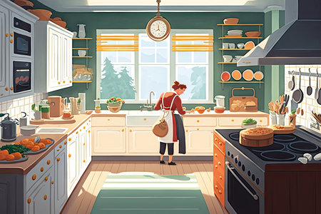 bright and cheery kitchen with chef preparing breakfast for family, created with generative aiの素材