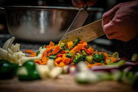 close-up of chefss hand, chopping vegetables for fresh and healthy meal, created with generative aiの素材