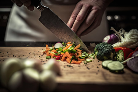 close-up of chefss hand, chopping vegetables for fresh and healthy meal, created with generative aiの素材