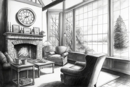 pencil drawing of the living room, with a view of a cozy fireplace and comfortable armchairs, created with generative aiの素材