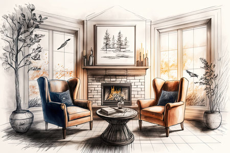 living room with fireplace and cozy armchairs, surrounded by pencil sketches of nature, created with generative aiの素材