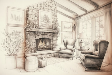 living room with fireplace and cozy armchairs, surrounded by pencil sketches of nature, created with generative aiの素材