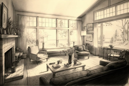 living room, filled with natural light and warm tones, captured in pencil sketch, created with generative aiの素材