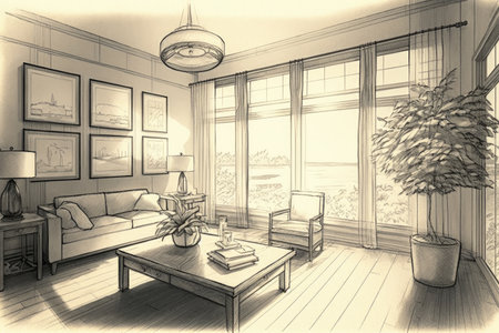 living room, filled with natural light and warm tones, captured in pencil sketch, created with generative aiの素材